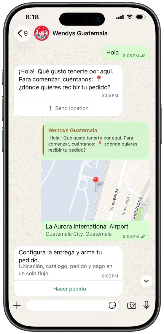 Conversación de WhatsApp con Wendy's Guatemala para hacer un pedido
